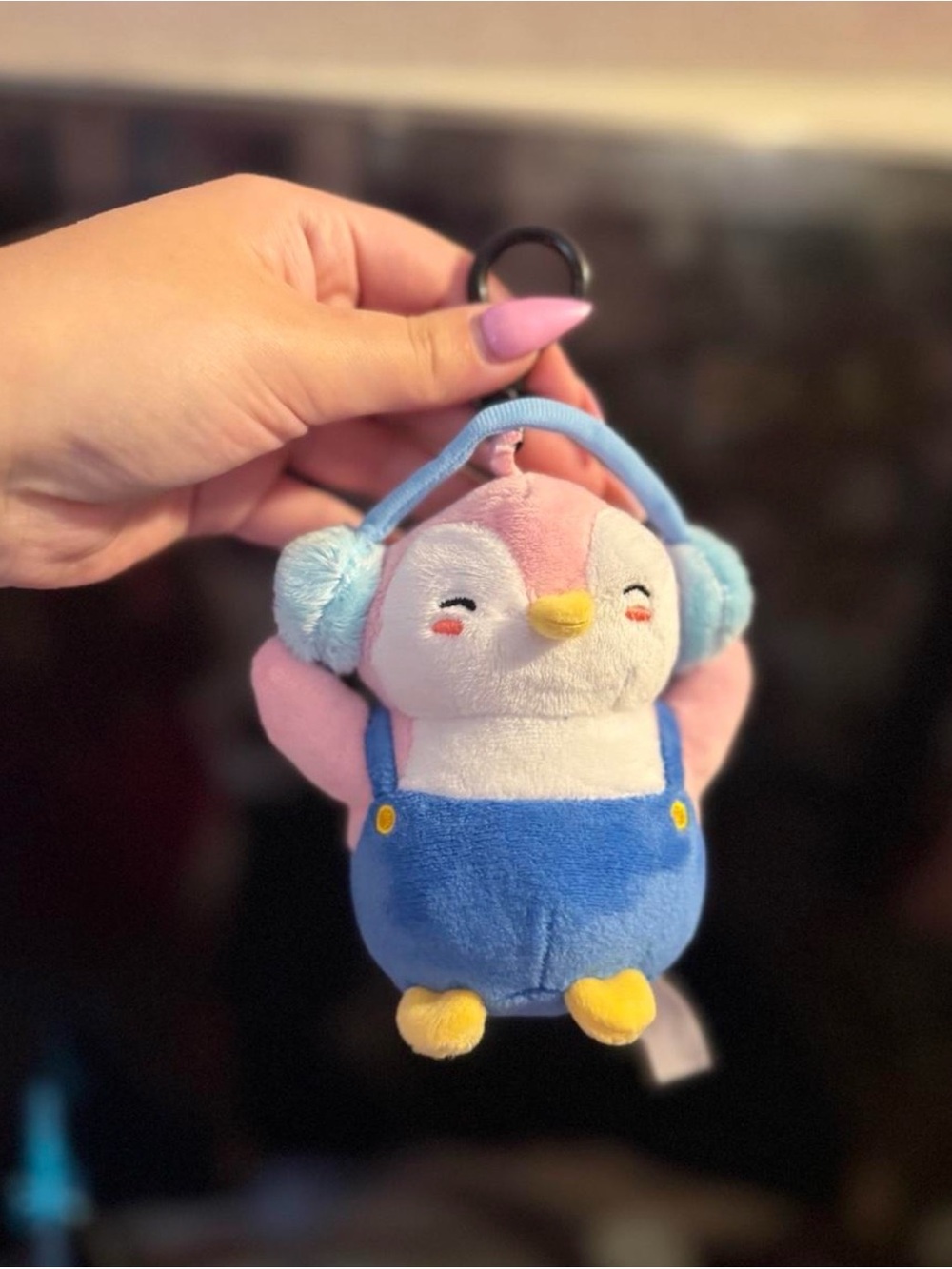 Plush Penguin Keychain with Blue Overalls and Light Blue Earmuffs